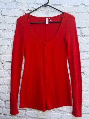 Out From Under Red Long Sleeve Henley Pajama Romper S